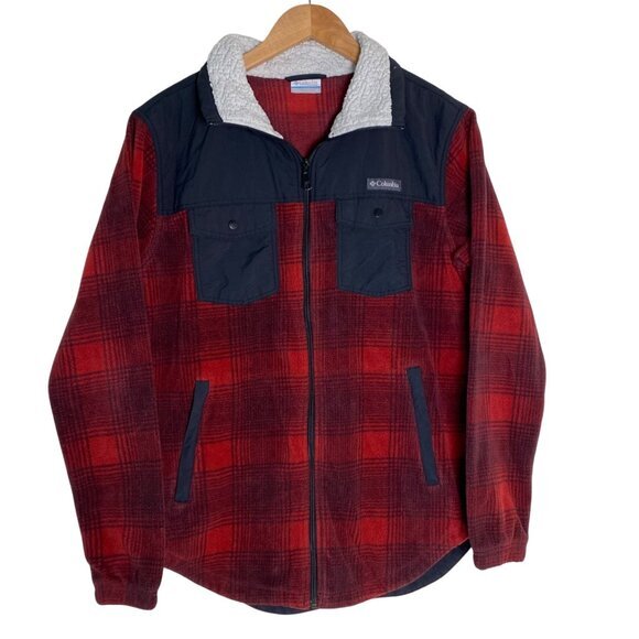 Columbia Mens Red & Black Plaid Sherpa Lined Fleece Jacket‎ Size M - Picture 1 of 9